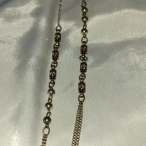 Long 22" necklace pewter silver tone golden crystals
